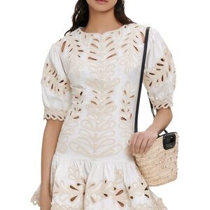 Maje Cream Fit and Flare Dress with Puff Sleeves for Wedding Guest